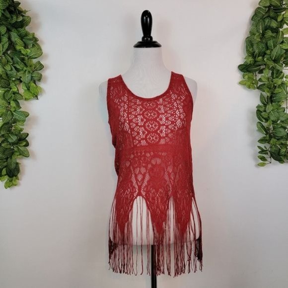 Maurices Red Crochet Lace Boho Fringe Trim Sleeveless Slit Tank Top X Small XS - Picture 2 of 11